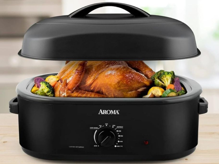 Aroma oven with turkey and veggies inside of it