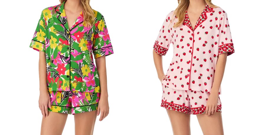 two women in tropical and strawberry print pajama sets