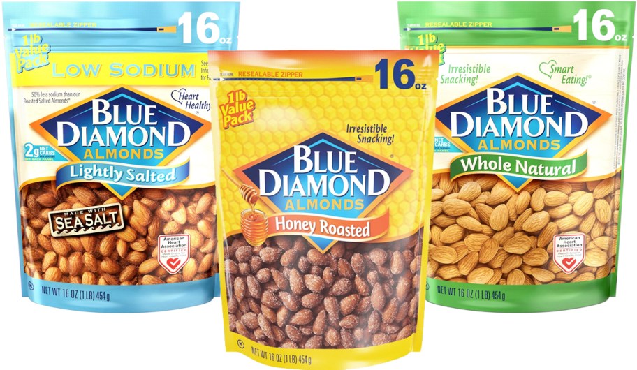 three large bags of Blue Diamond Almonds