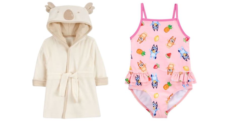 a baby robe with a hood and a Bluey one-piece swimsuit