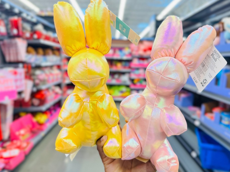 Colorful easter plush displayed in womans hands