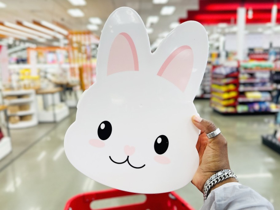 hand holding up a bunny shaped snackle box in store