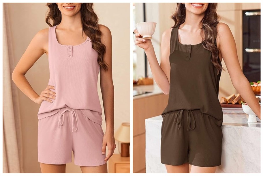 women wearing Ekouaer Women's Tank & Shorts 2-Piece Lounge Set
