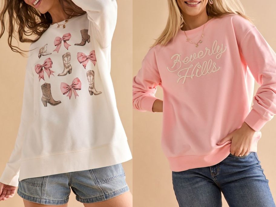Stock images of two women wearing Francesca's sweatshirts