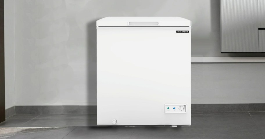 white Frigidaire Chest Freezer in garage