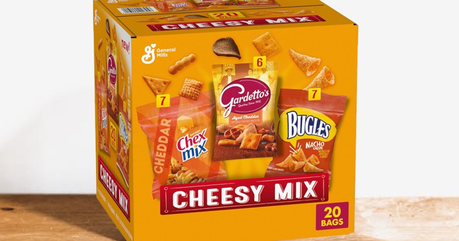 variety pack box of cheese snacks on wood table