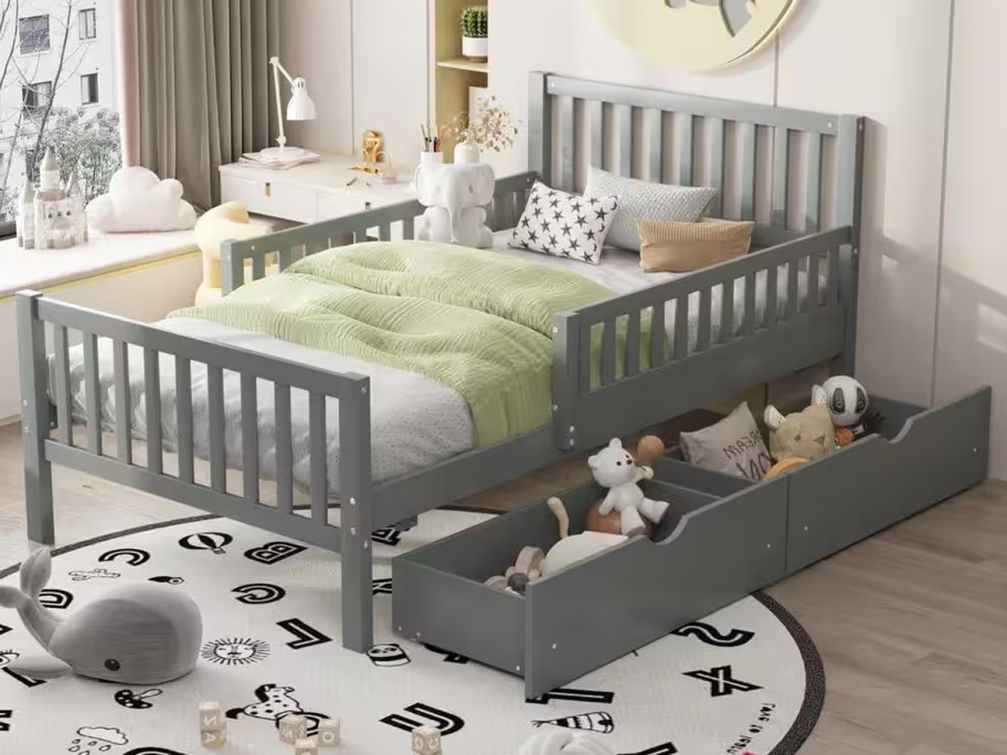 Harper & Bright Designs Gray Wood Frame Twin Size Kids Platform Bed with Guardrails