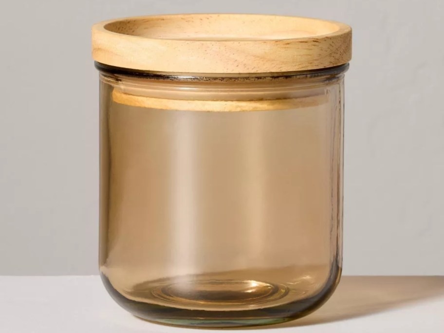 hearth & hand tinted brown glass storage container with wood lid