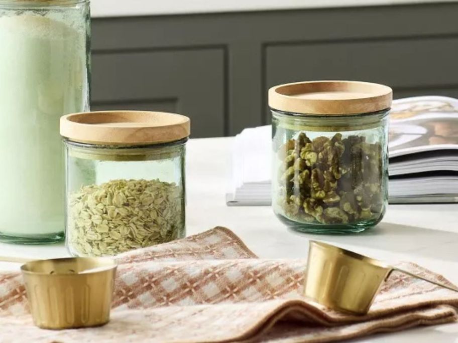 Hearth & Hand w/ Magnolia 11.8oz Tinted Glass Kitchen Storage Jars filled with ingredients on kitchen counter