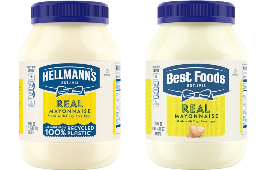 yellow and blue jars of Hellmann's and Best Foods Mayonnaise