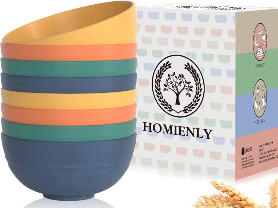 8 multicolored bowls and a box