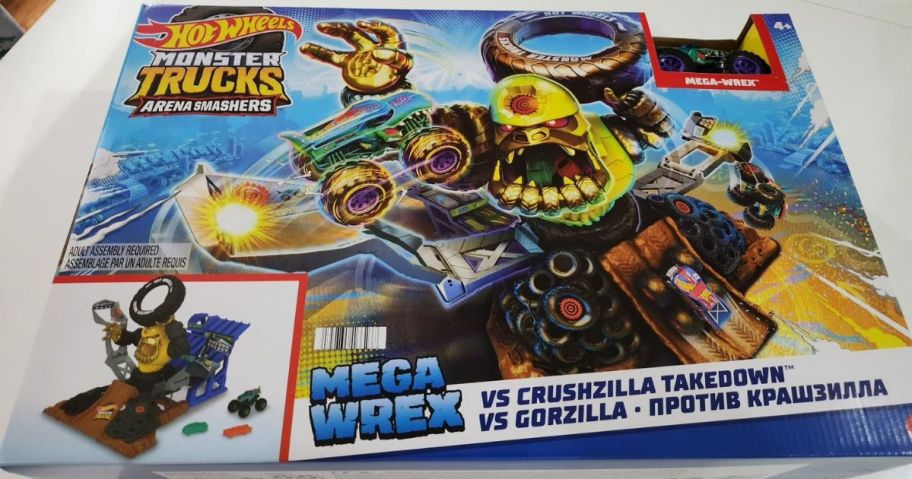 A Hot Wheels Monster Trucks Arena Smashers Mega-Wrex Vs. Crushzilla Takedown Playset in the box