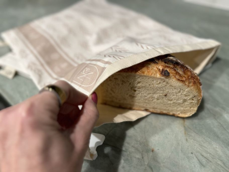 Nectar & Nest Reusable Bread Bags for Homemade Bread with bread in it