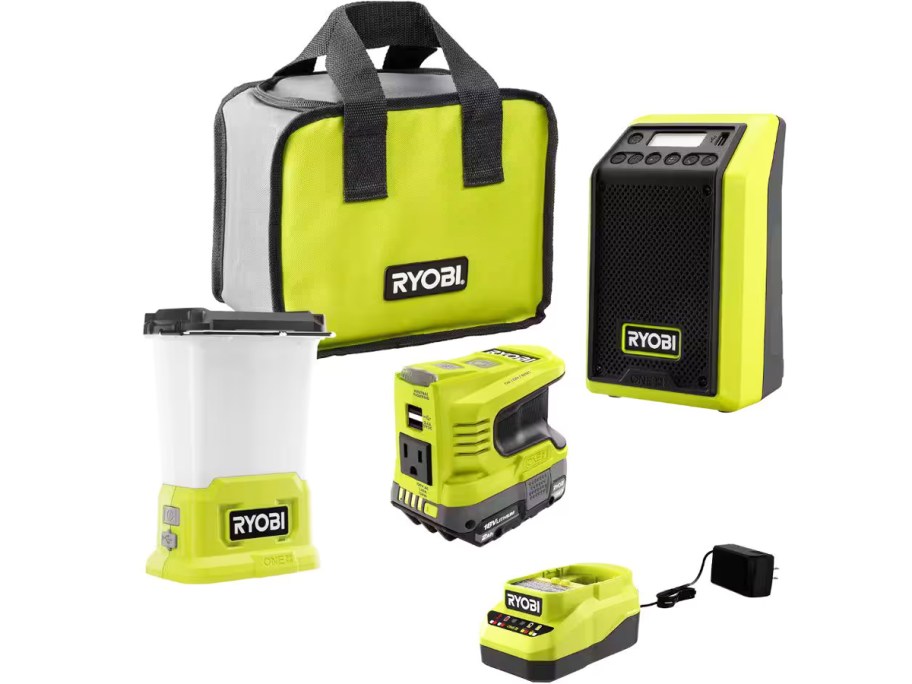 green and black speaker, light, power inverter, charger, and bag