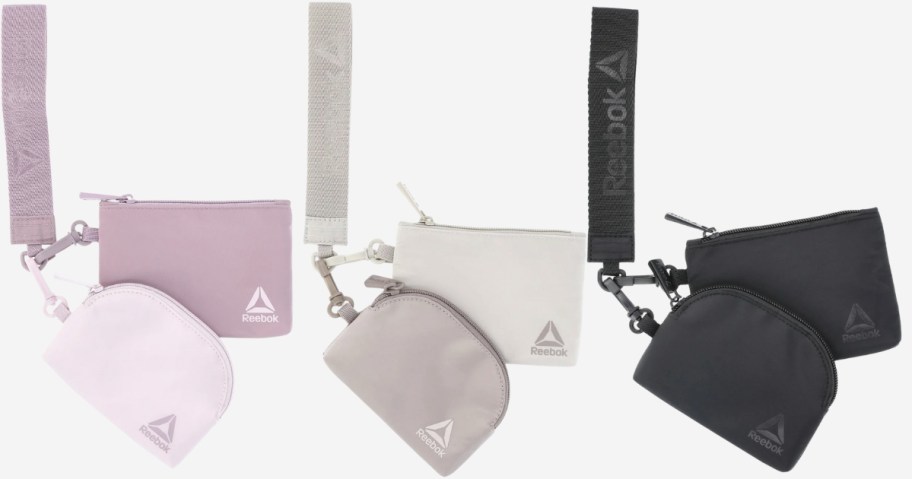 reebok pouch wristlet bags in lavender, mocha, and black
