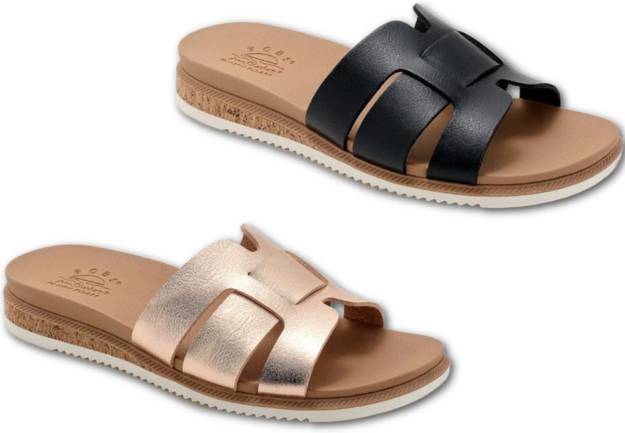Stock images of Skechers Desert Kiss Sandals in rose gold and black