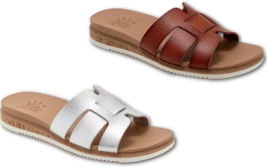 Stock images of Skechers Desert Kiss Sandals in silver and brown