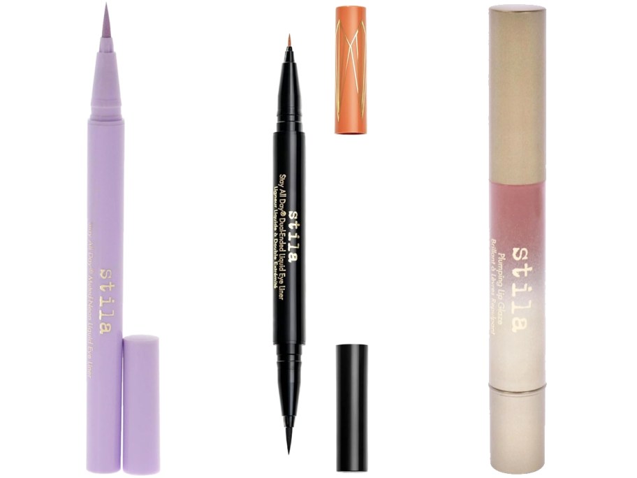 purple eyeliner, orange/black dual-ended eyeliner, and lip gloss tube