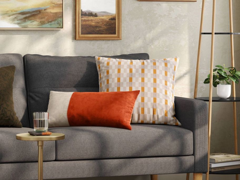 two throw pillows on a sofa