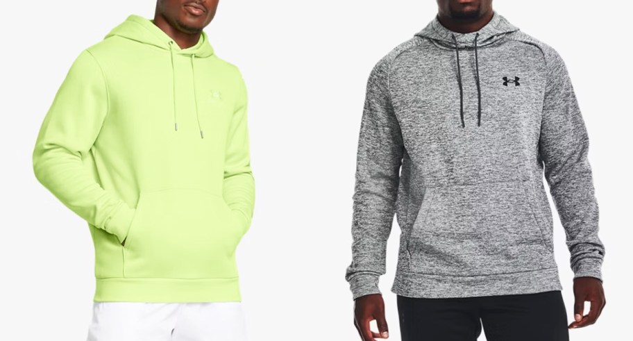 two men in bright yellow and grey hoodies