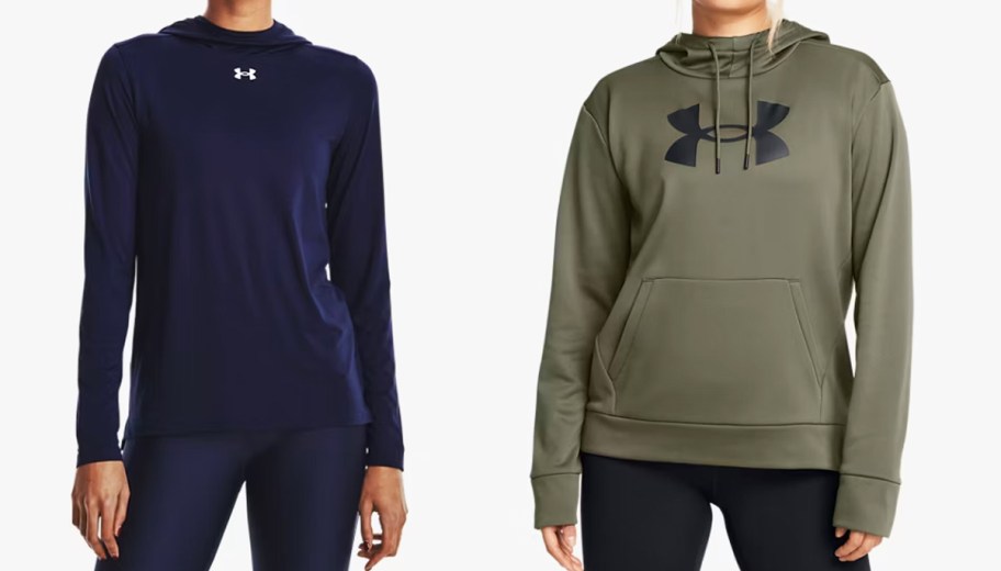 two women in navy blue and army green hoodies