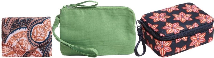 a wallet, wristles, and pill case
