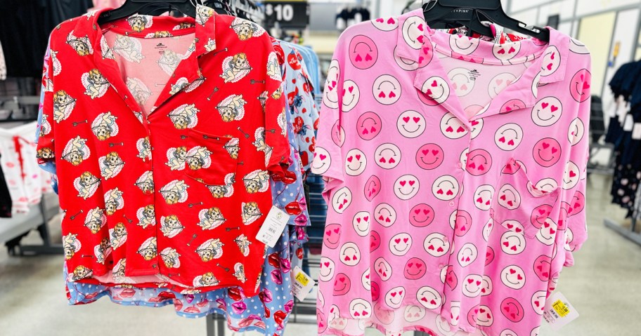 valentines day print pajama sets on store rack