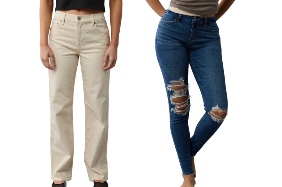 Woman wearing AE jeans in beige and ripped