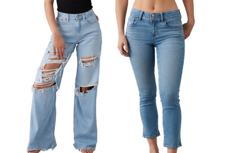 Woman wearing AE jeans in light and dark jeans