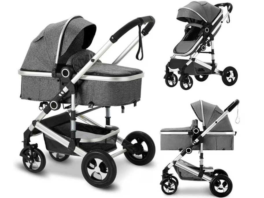 three gray and black convertible strollers in different postitions