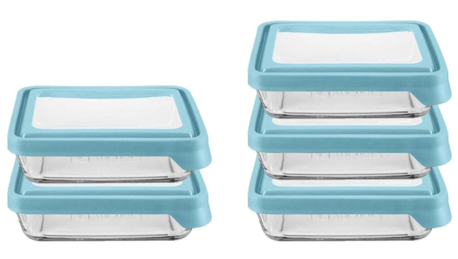 rectangle storage containers with blue lids in a stack