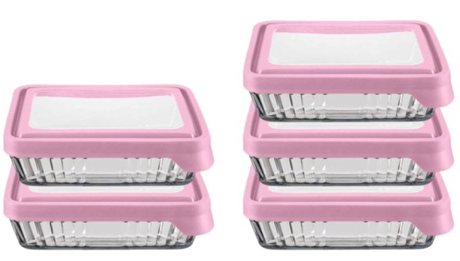 rectangle storage containers with pink lids in a stack