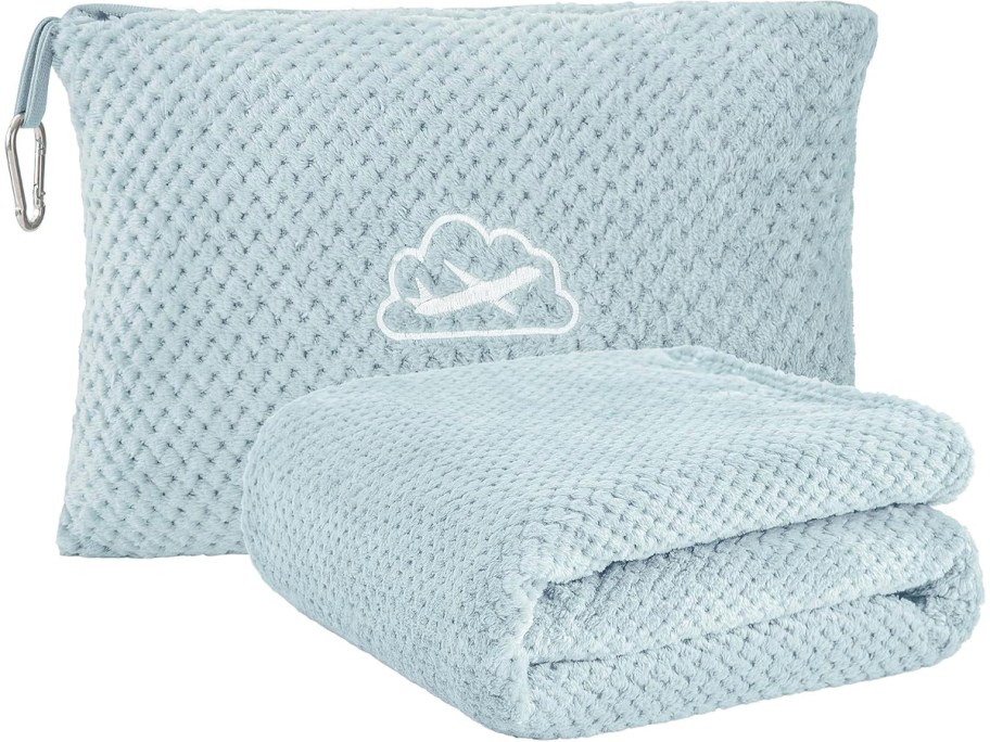 blue travel blanket and pillow 