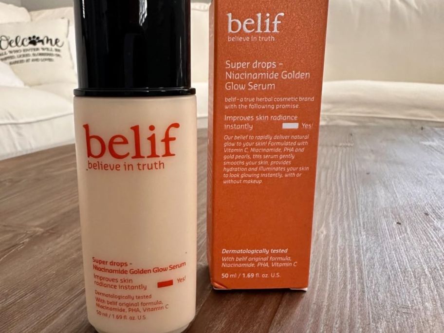 A bottle of belif Super Drops Niacinamide Vitamin C Glow Serum