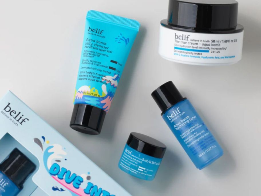 4 belief skincare products from the Dive into Hydration 4-piece Set