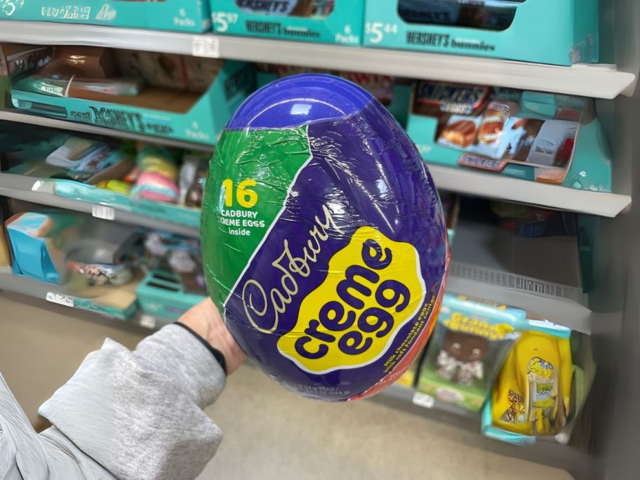 HUGE Cadbury Creme Egg in hand in store aisle