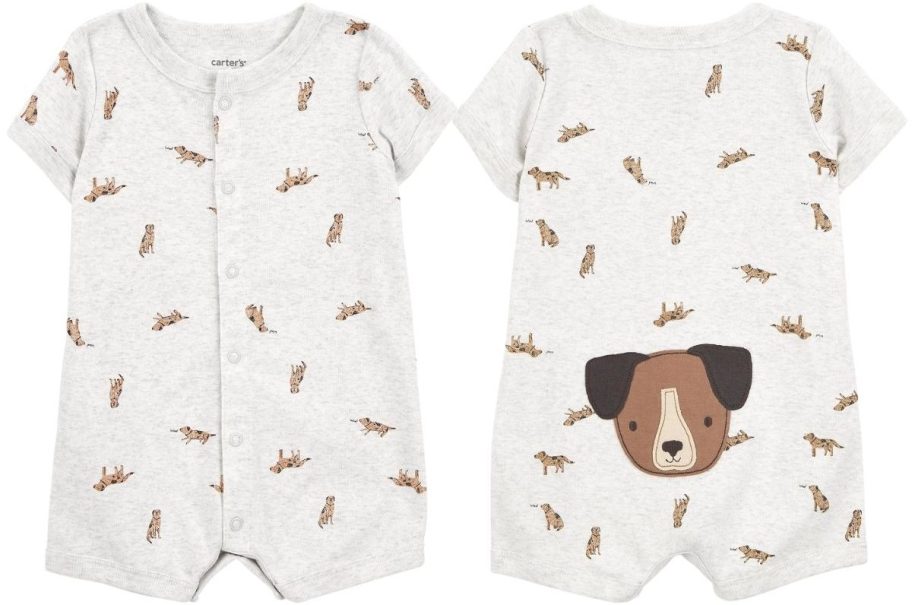 a baby romper with a n all over dog print