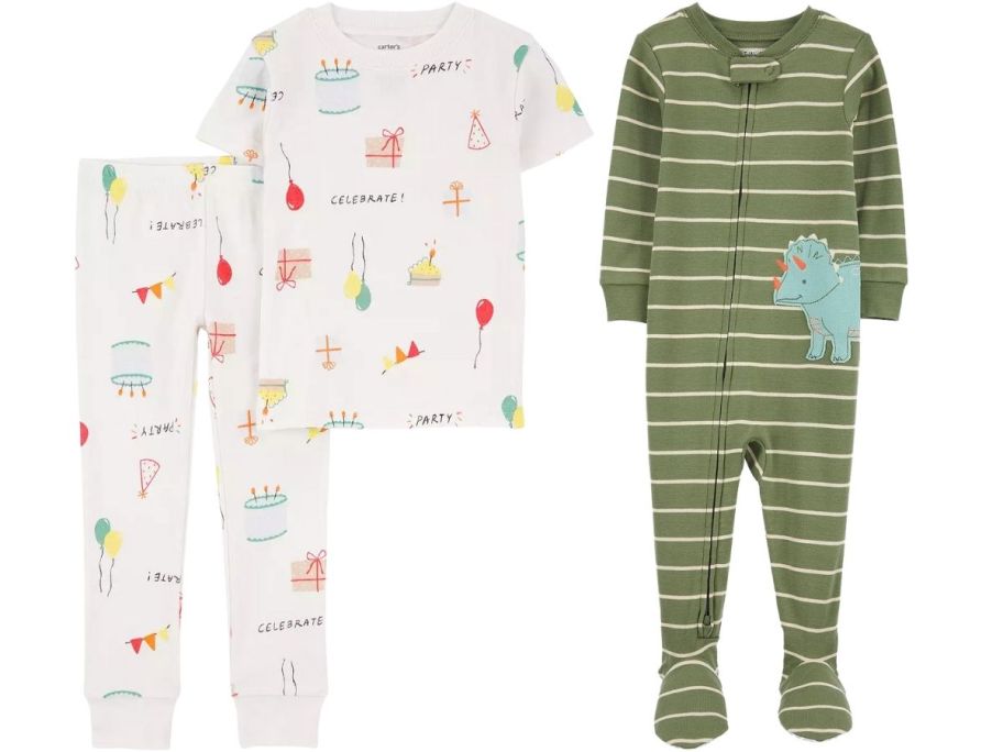 a 2 piece set of toddler brthday pajamas and a pair of green footed babys pajamas