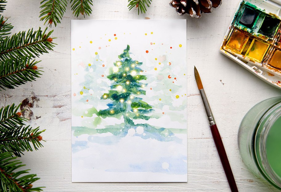 christmas card with tree painting