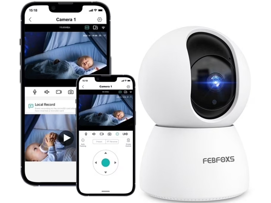 white baby monitor with images on phone