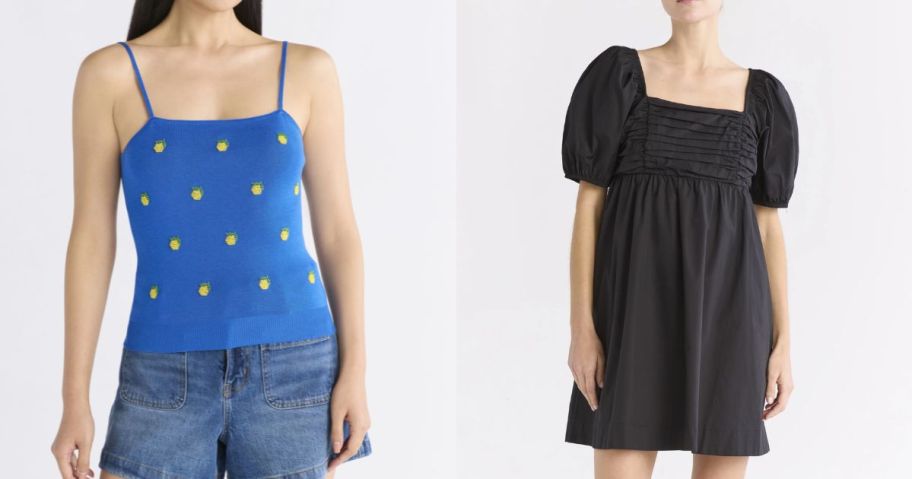 two women wearing a free assembly blue tank top sweater and black dress