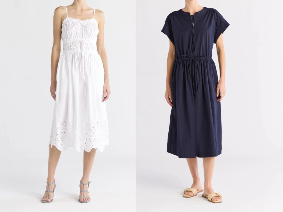 two women wearing free assembly dresses in white and blue
