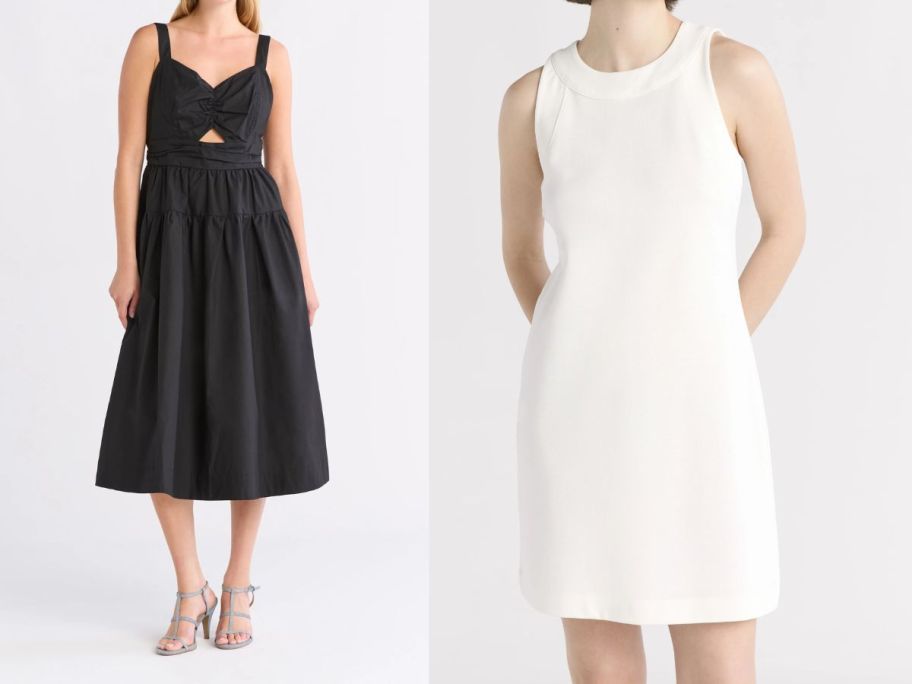 two women wearing free assembly dresses in black and white