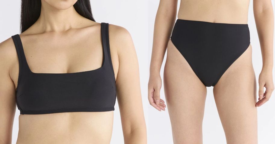 woman wearing free assembly black bikini top and bottom