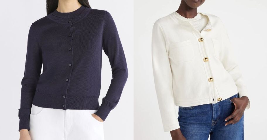 two women wearing free assembly cardigans in blue and white