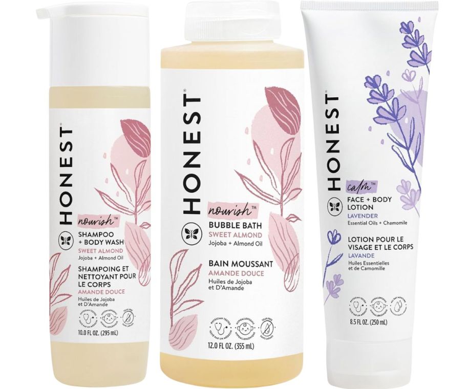 the honest company shampoos/body wash, bubble bath, and body lotion bottles stock images