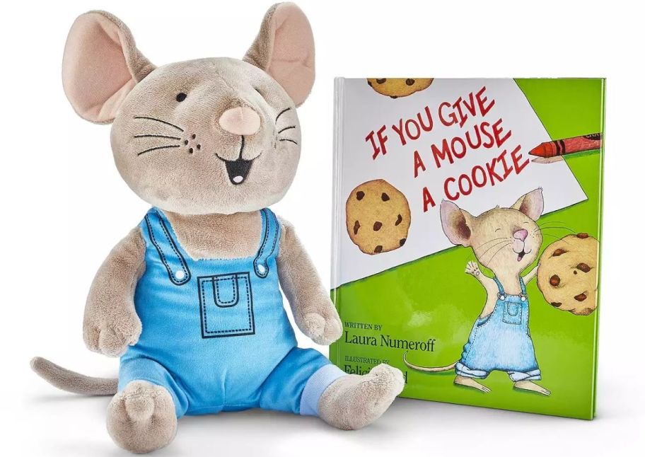 a mouse plush shown with a kids book