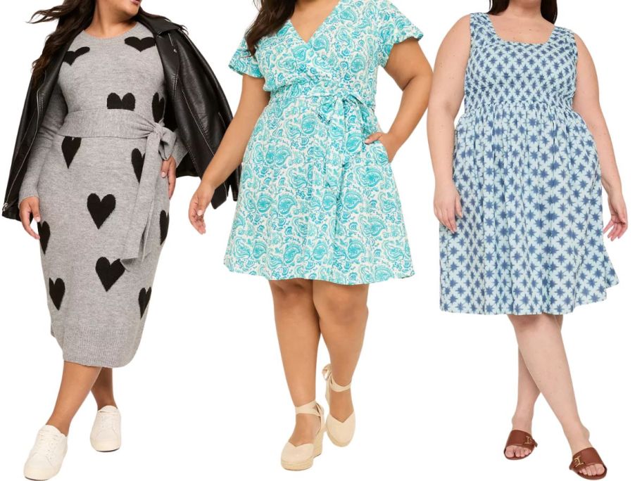 three women wearing lane bryant dresses in grey with black hearts on it, a green print, and a blue print