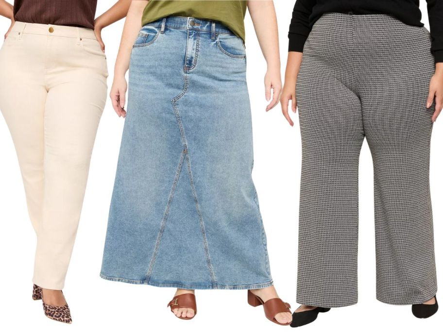 three women wearing lane bryant cream colored jeans, a long denim skirt, and black dress pants