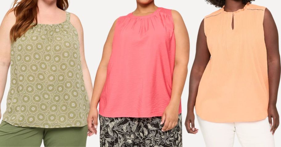 three women wearing lane bryant tank tops in a green print, pink, and orange